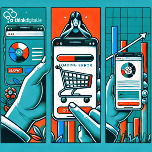 Three-panel image showing the negative effects of a poorly optimised mobile website: slow loading times, abandoned shopping carts, and a drop in SEO rankings.