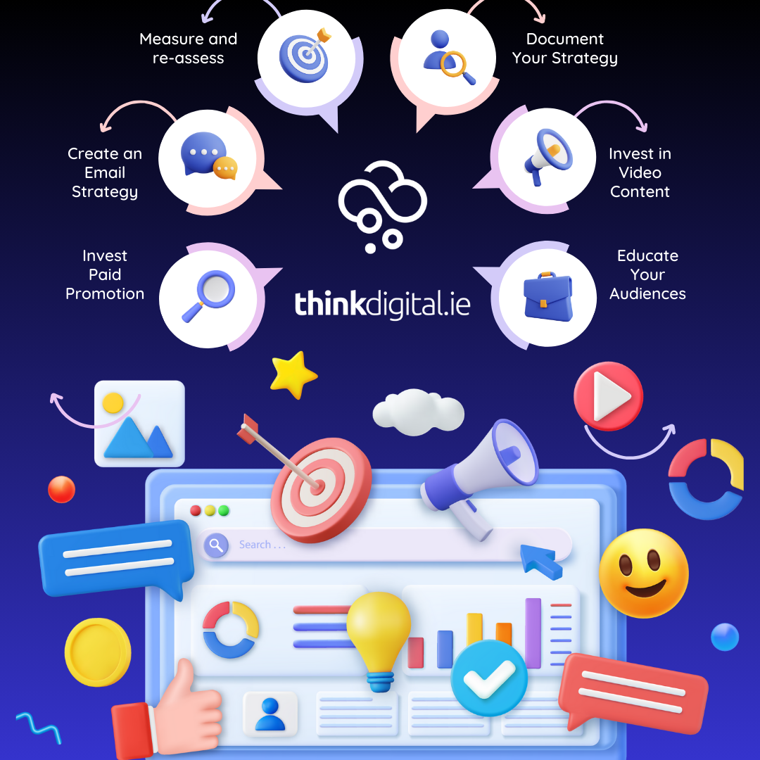 Digital marketing scene with a globe, target icon, rising graphs, and data analytics symbols representing targeted advertising, ROI, and performance tracking