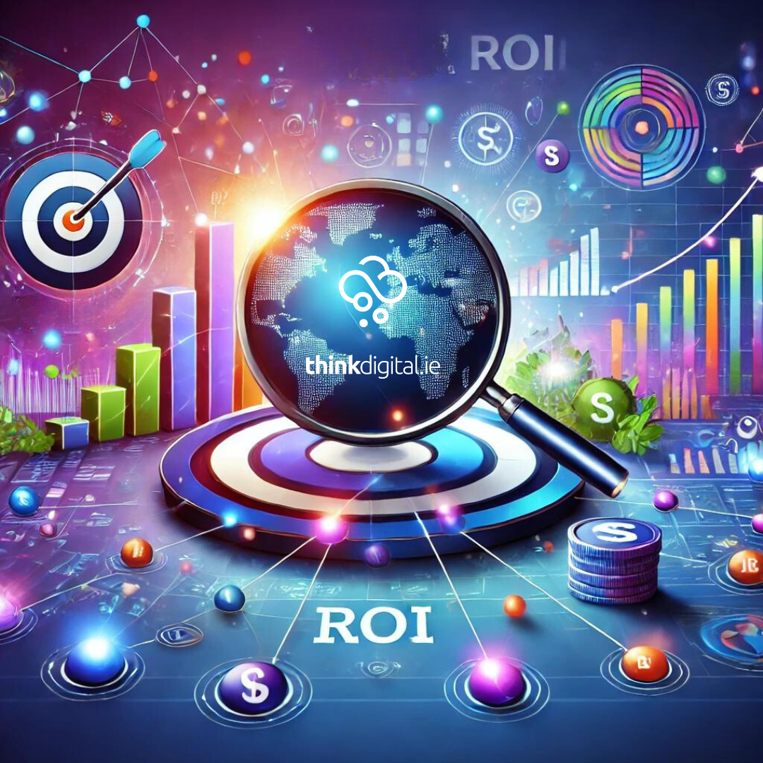 Digital marketing scene with a globe, target icon, rising graphs, and data analytics symbols representing targeted advertising, ROI, and performance tracking